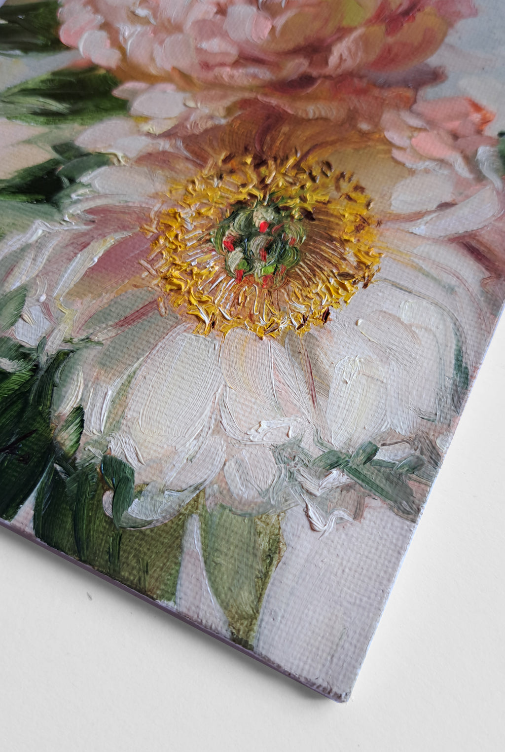 Two peony flowers oil painting original framed 7x5