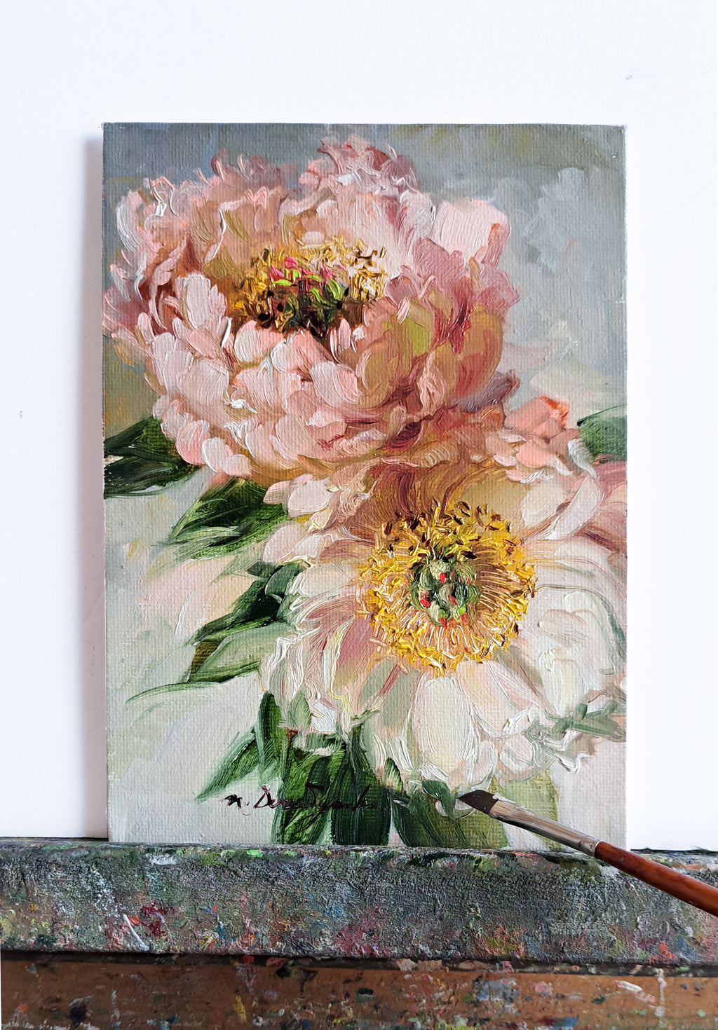 Two peony flowers oil painting original framed 7x5