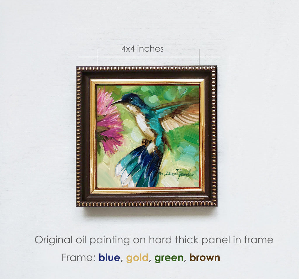 Hummingbird painting original oil art 4x4 in blue frame, Bird oil painting framed green wall art, Mothers day gift from daughter