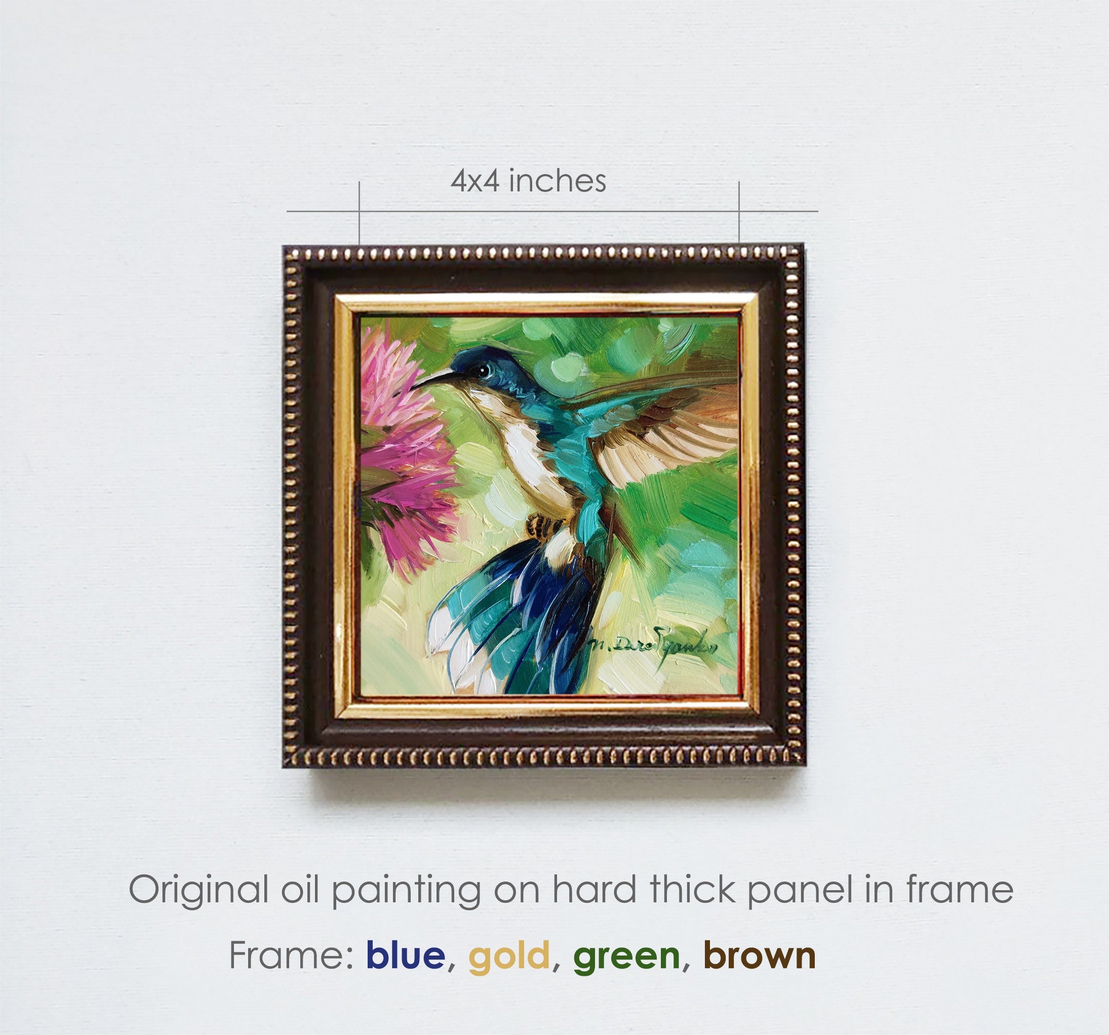 Hummingbird painting original oil art 4x4 in blue frame, Bird oil painting framed green wall art, Mothers day gift from daughter