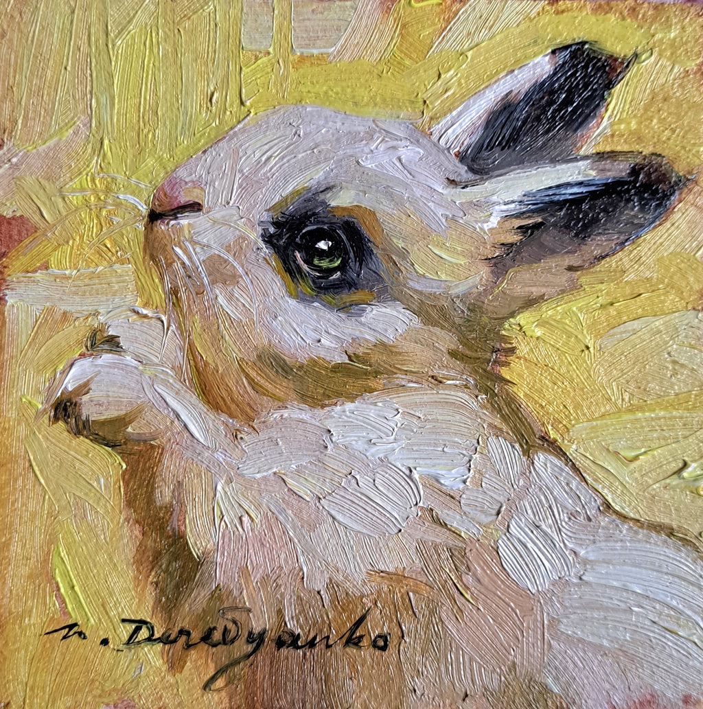 Cute rabbit oil painting original framed 4x4 in