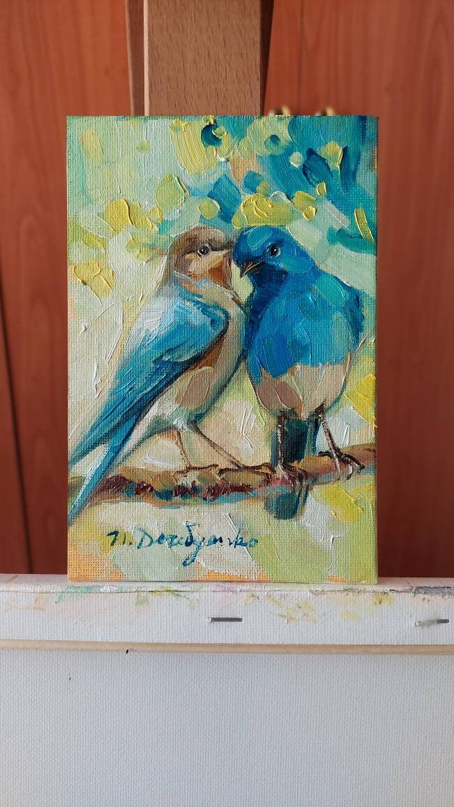 Two bird painting original canvas in wood frame, Bluebird oil painting, Bird art in frame, Small art framed love painting gift