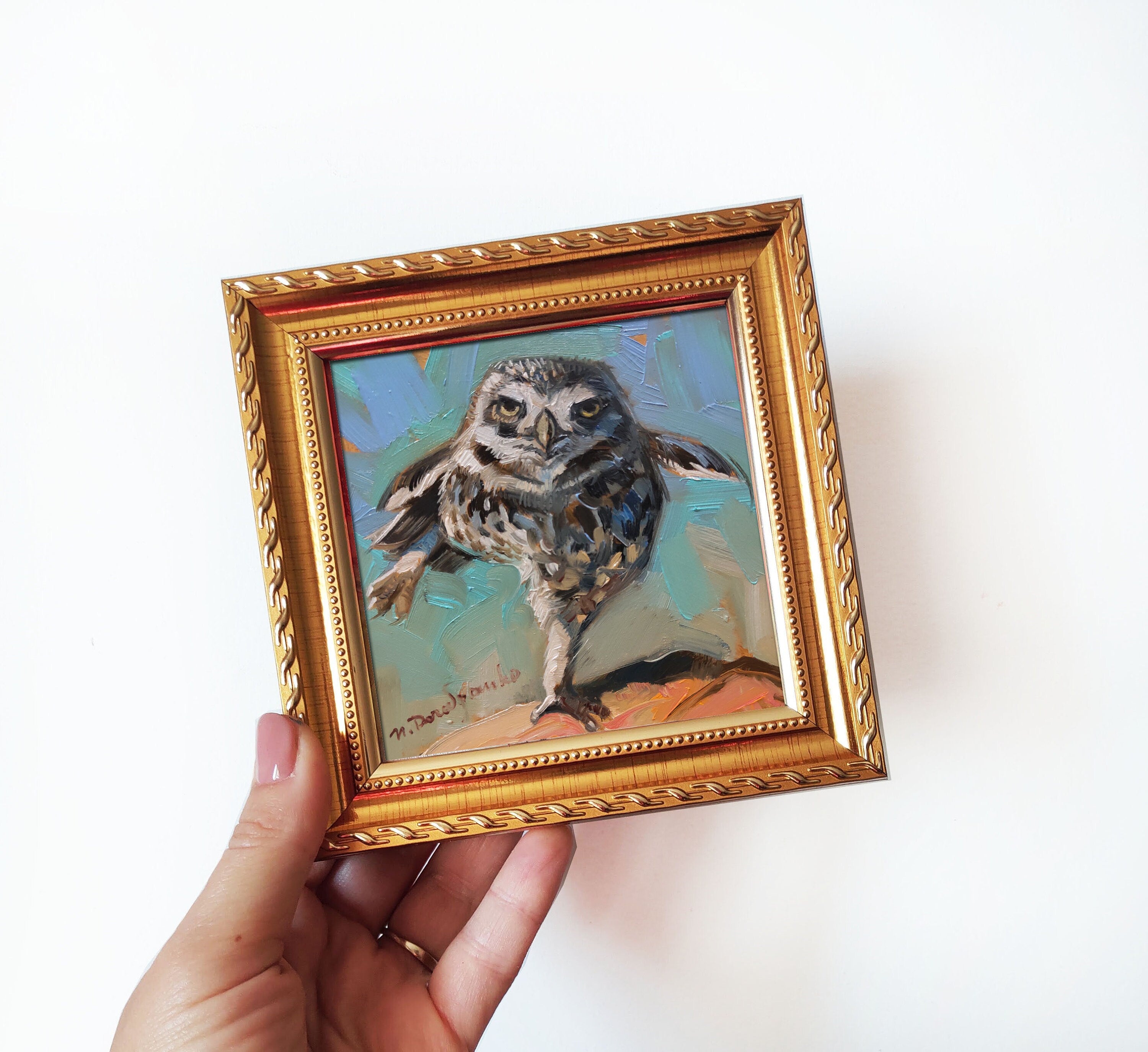 Owl bird painting original in frame Small artwork framed, Bird wall art framed artwork teacher appreciation gift