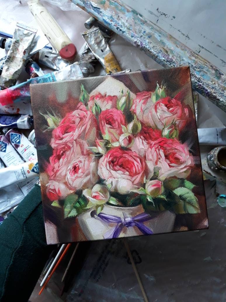 Roses painting flowers original art, Red flowers bouquet oil painting for girlfriend floral art on canvas