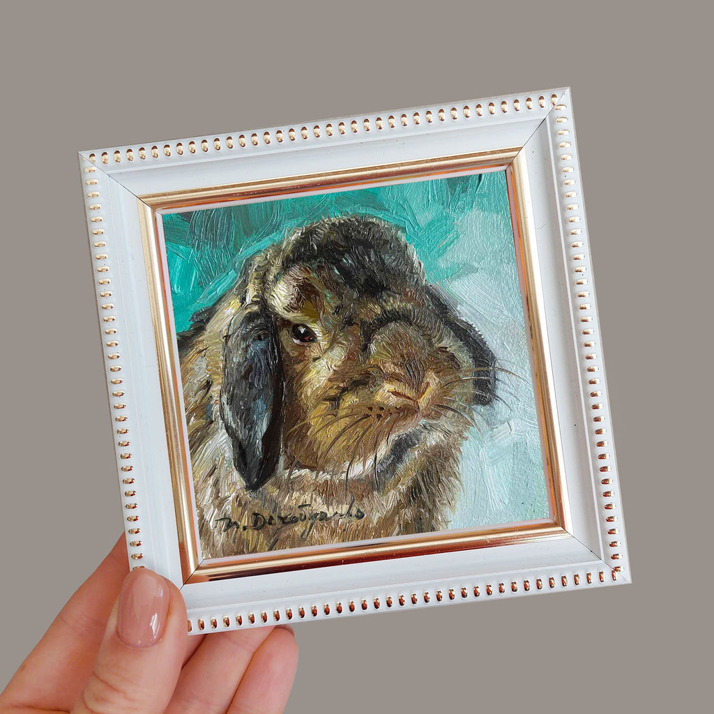 Custom pet portrait painting 4x4 in frame, Small pet oil painting original framed artwork, Rabbit pet portrait oil art mini gift