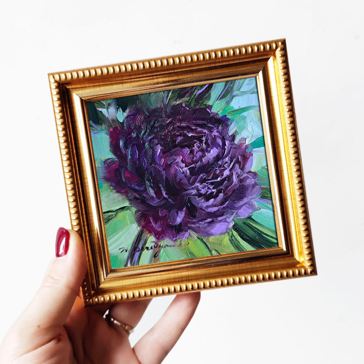 Black peony oil painting 4x4 flower wall art original