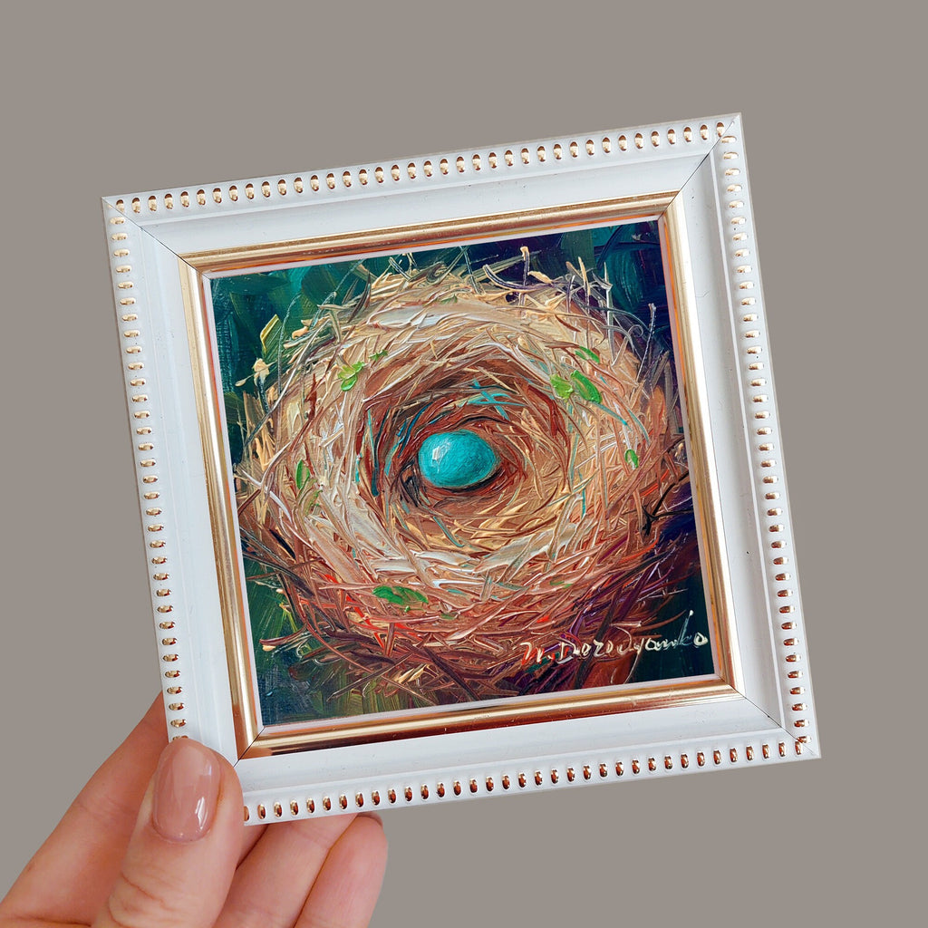Nest oil painting original 4x4 in frame, Robin bird blue egg unique miniature painting wall art framed, Small painting Valentines day gift