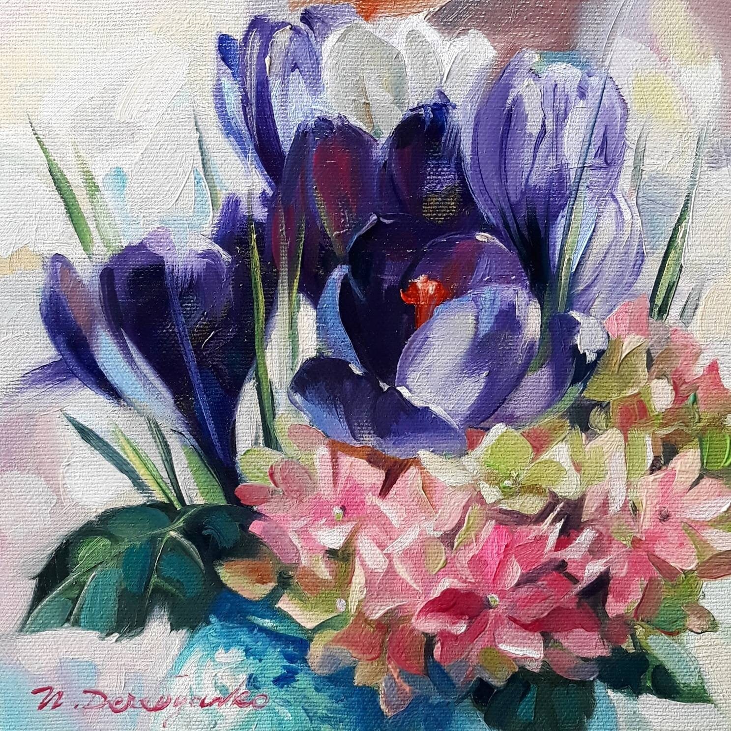 Purple flower painting original oil art, Floral oil painting vintage Hydrangea art Crocus, Impressionist paintings on canvas