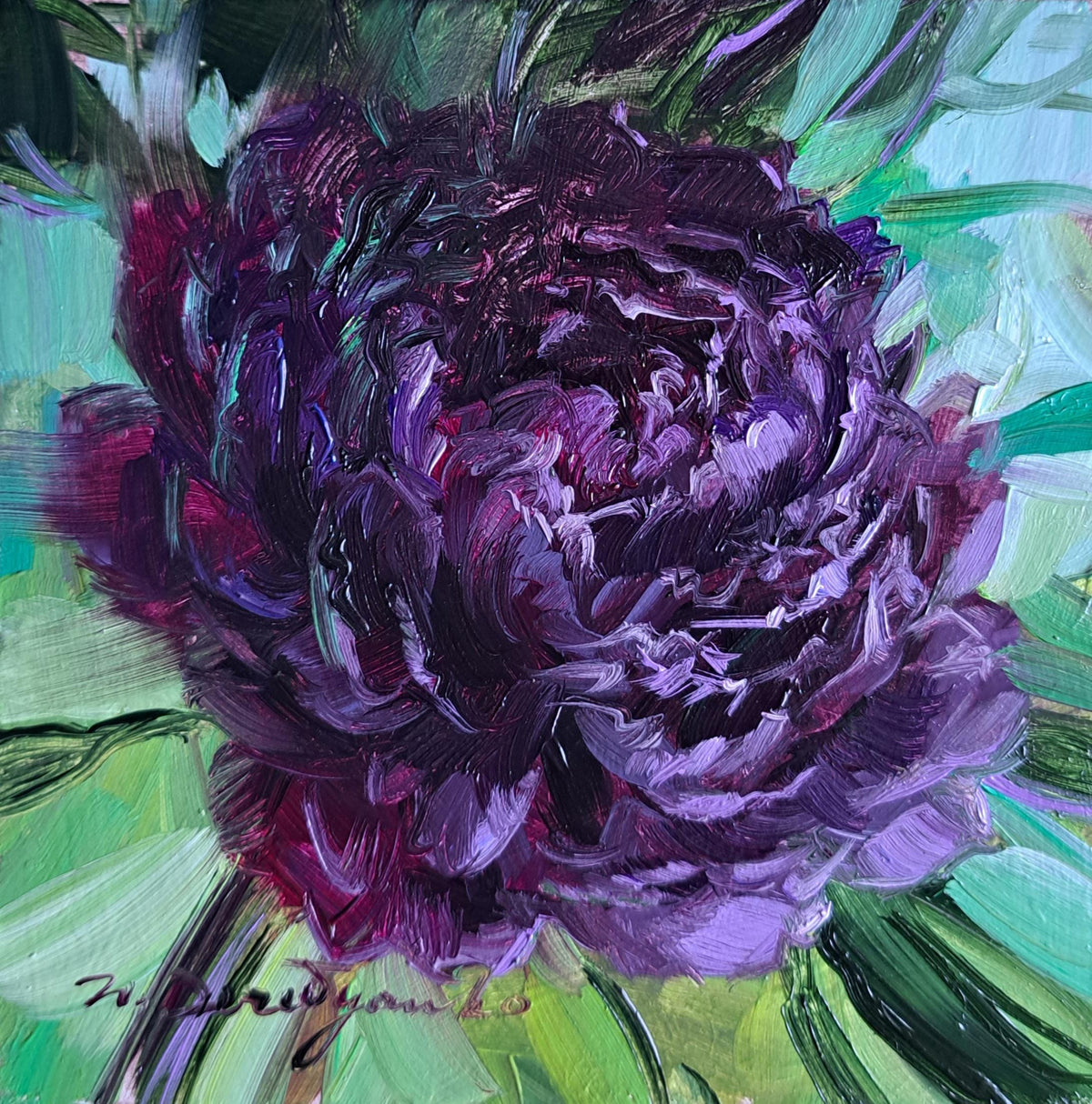 Black peony oil painting 4x4 flower wall art original