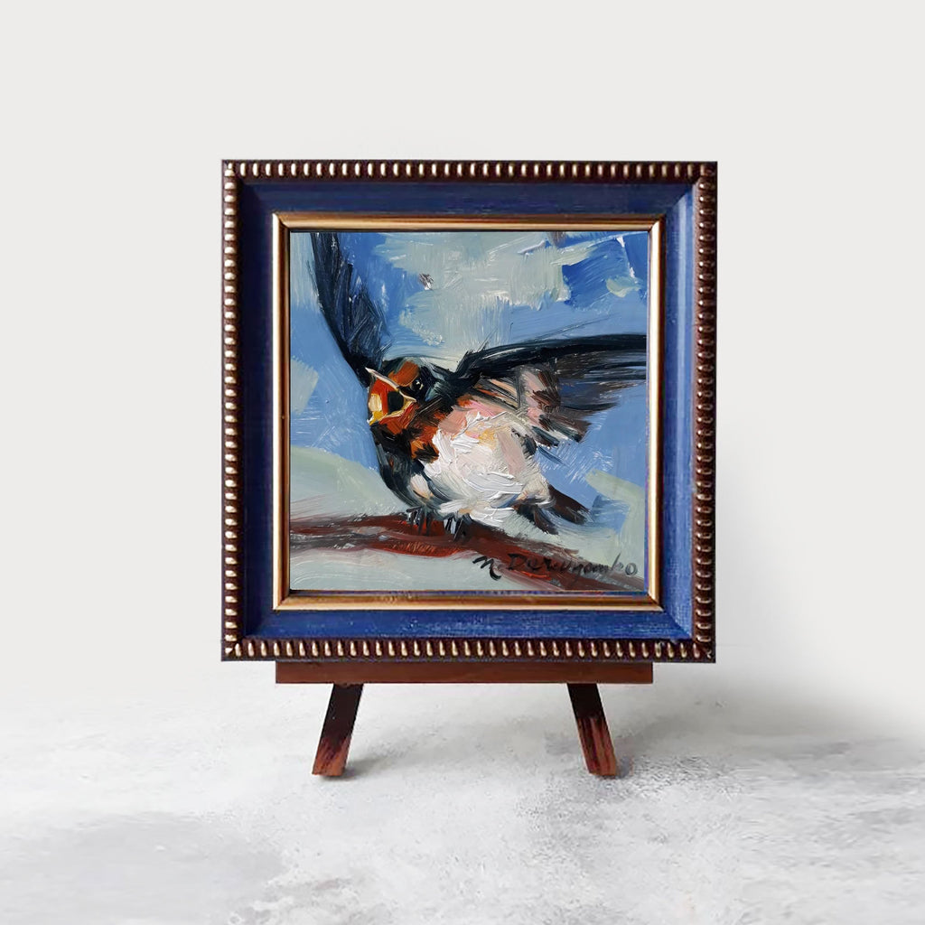 Swallow bird art painting 4x4 in frame, Cheeper picture framed, Yellow blind hand painted artwork for nursery