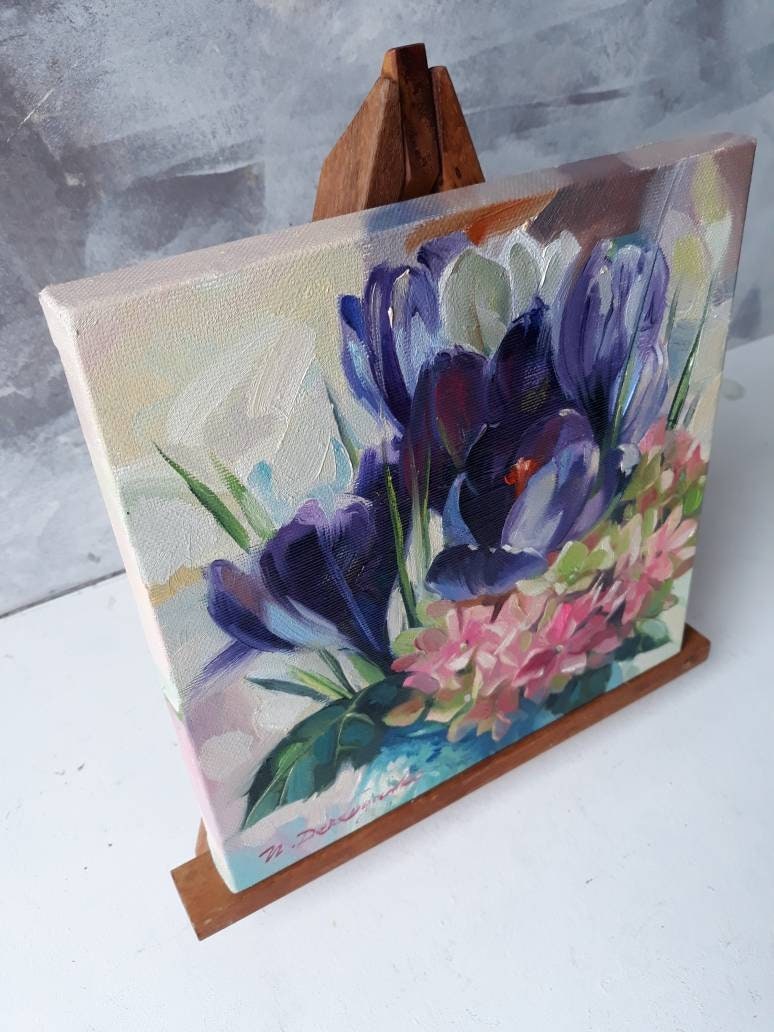 Purple flower painting original oil art, Floral oil painting vintage Hydrangea art Crocus, Impressionist paintings on canvas