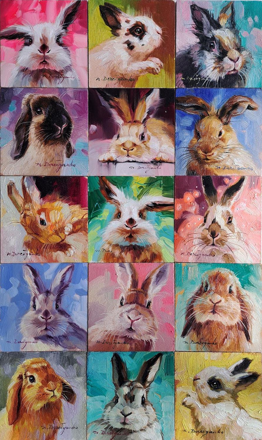 Cute rabbit oil painting original framed 4x4 in