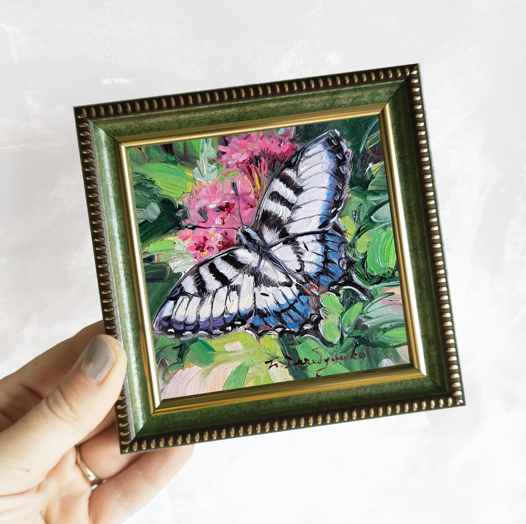 Butterfly painting original oil art framed miniature, Giant Swallowtail butterfly painting small gift for woman