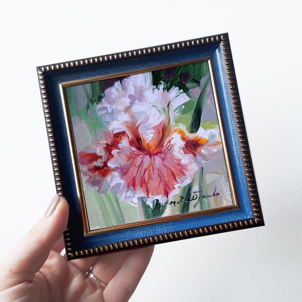 Iris flower paintings miniature original 4x4, Birthday gift for Mom, Floral arrangement unique redblooming Small framed flower art decor