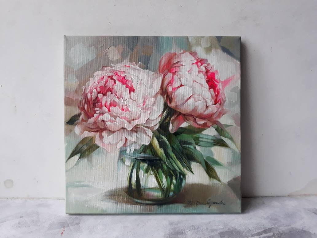 Peony oil painting arte originale su tela, pittura a olio di fiori di due peonie, regalo di San Valentino per coppia, fiori wall art