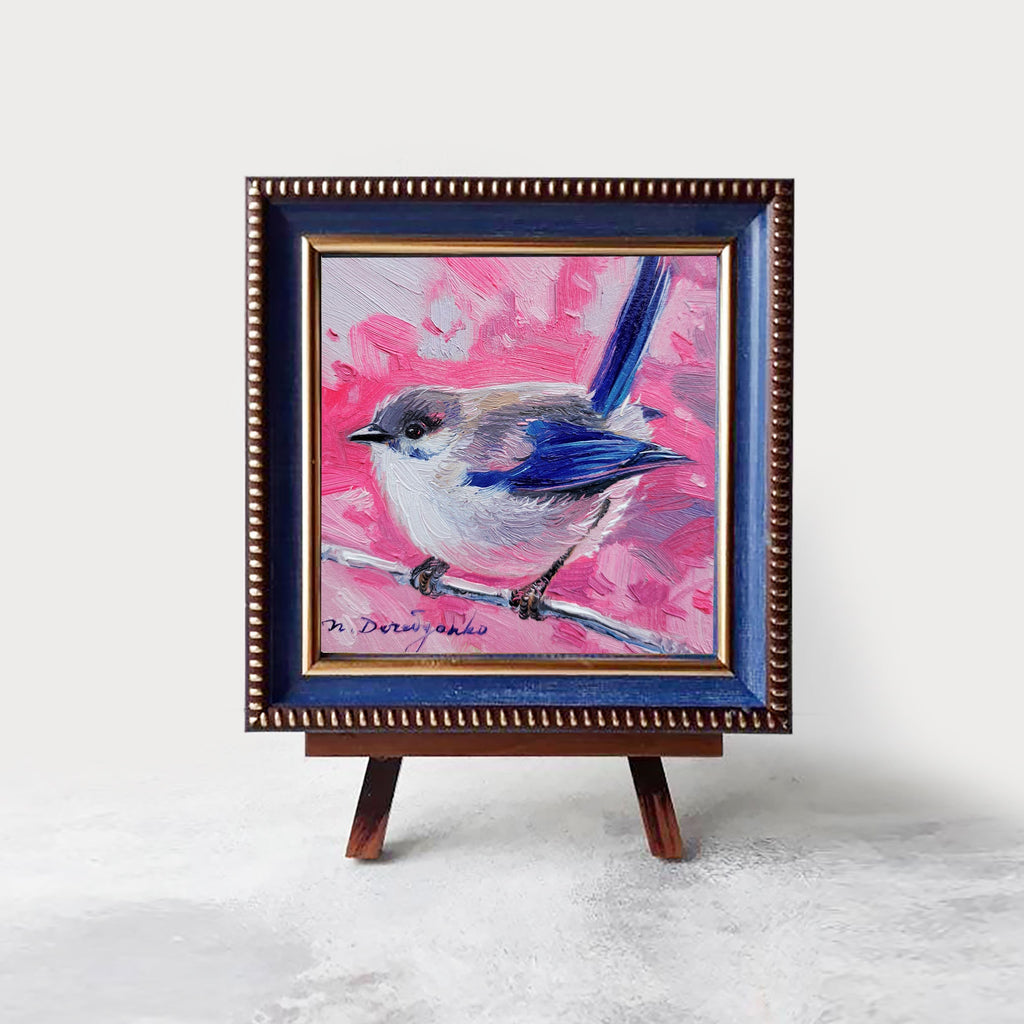 Small oil painting original Bird painting 4x4, Blue bird picture frame Fairy-wren bird artwork, Small frame art bird gift idea