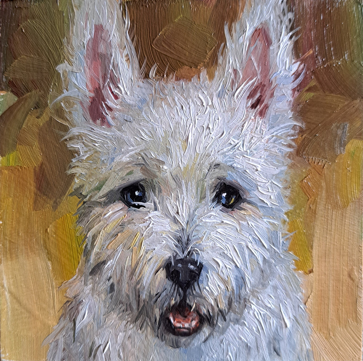 Small dog oil painting original artwork, Custom Pet portrait oil art mini gift White Terrier painting from photo 4x4 in frame