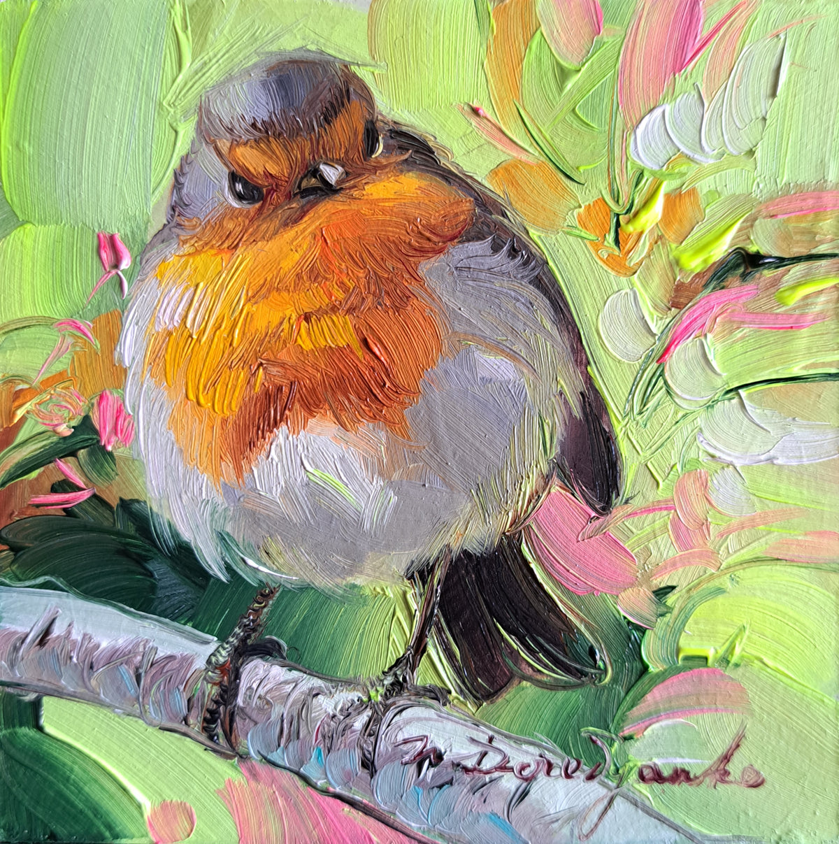 Robin bird painting original art 4x4 inch in frame