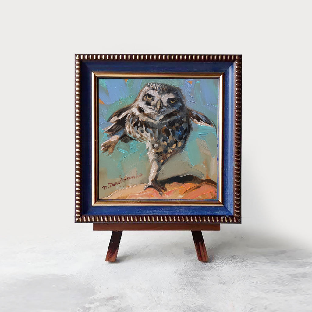 Owl bird painting original in frame Small artwork framed, Bird wall art framed artwork teacher appreciation gift