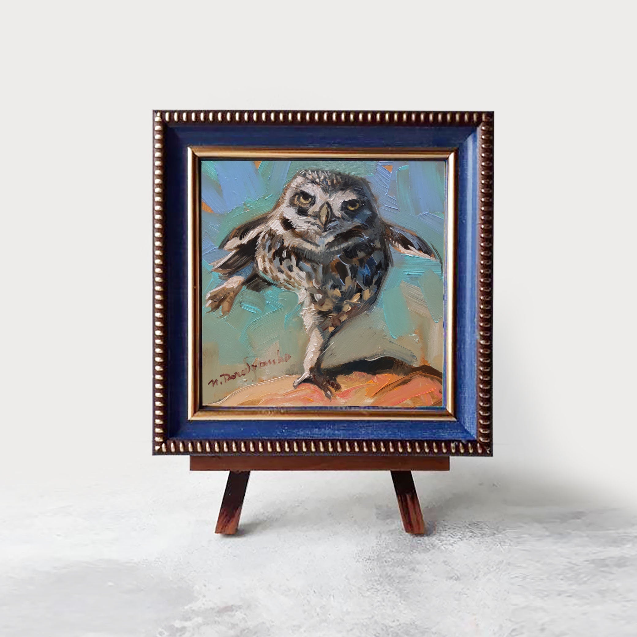 Owl bird painting original in frame Small artwork framed, Bird wall art framed artwork teacher appreciation gift