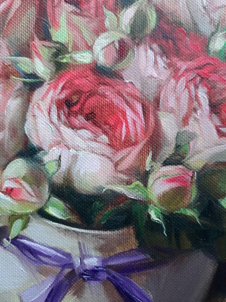 Roses painting flowers original art, Red flowers bouquet oil painting for girlfriend floral art on canvas