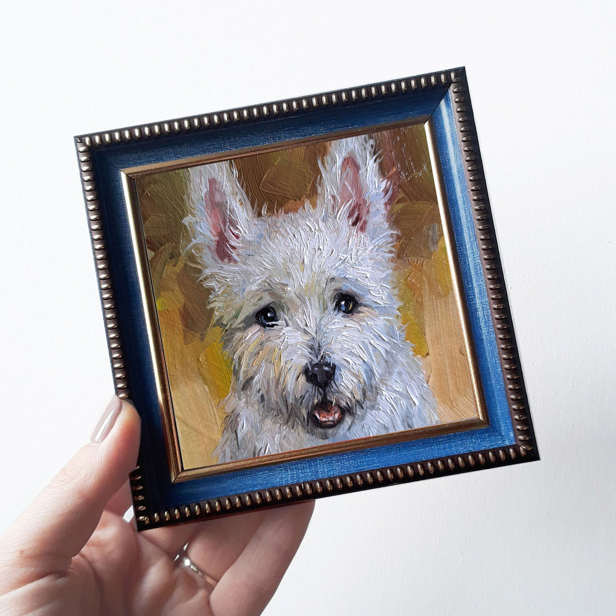 Small dog oil painting original artwork, Custom Pet portrait oil art mini gift White Terrier painting from photo 4x4 in frame