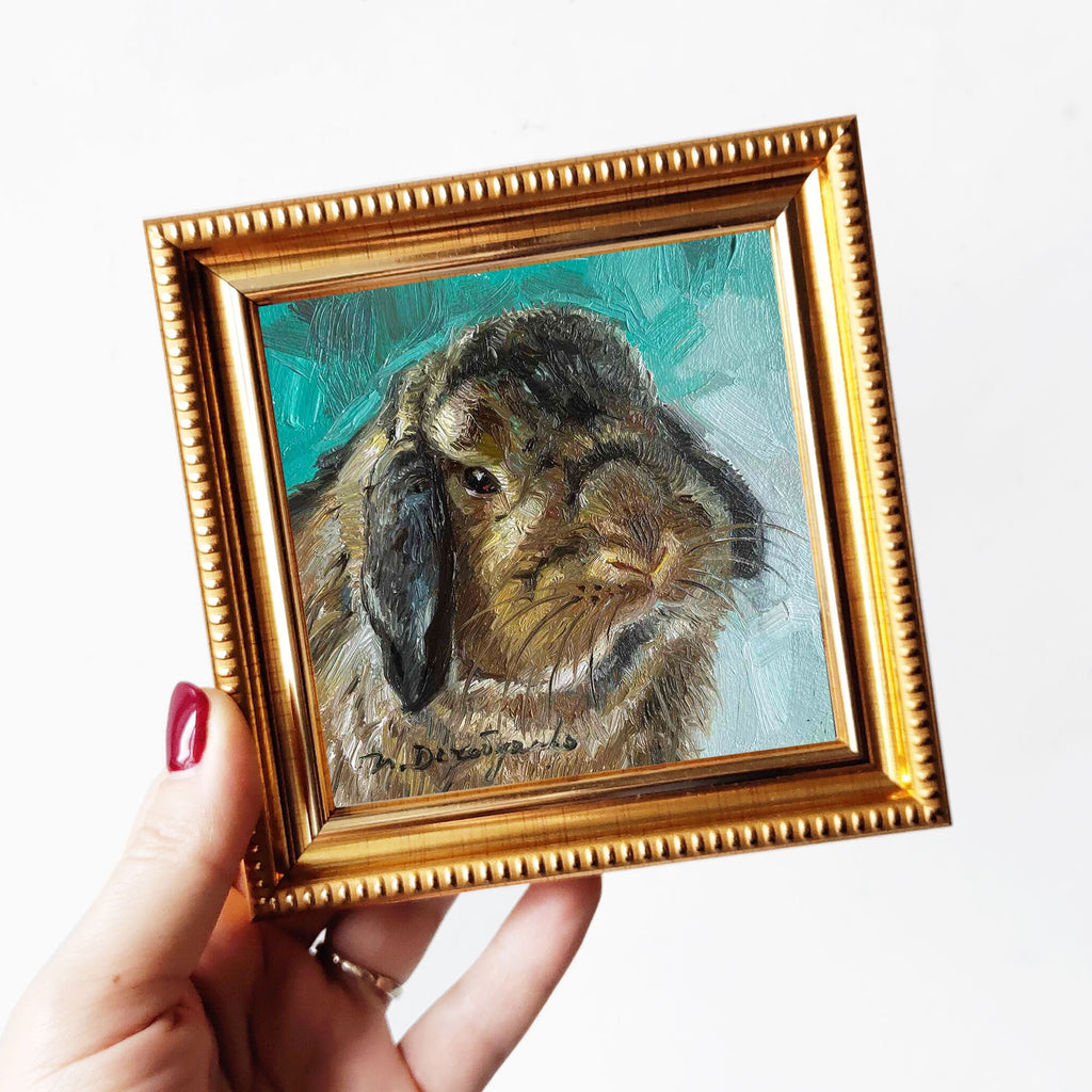 Custom pet portrait painting 4x4 in frame, Small pet oil painting original framed artwork, Rabbit pet portrait oil art mini gift