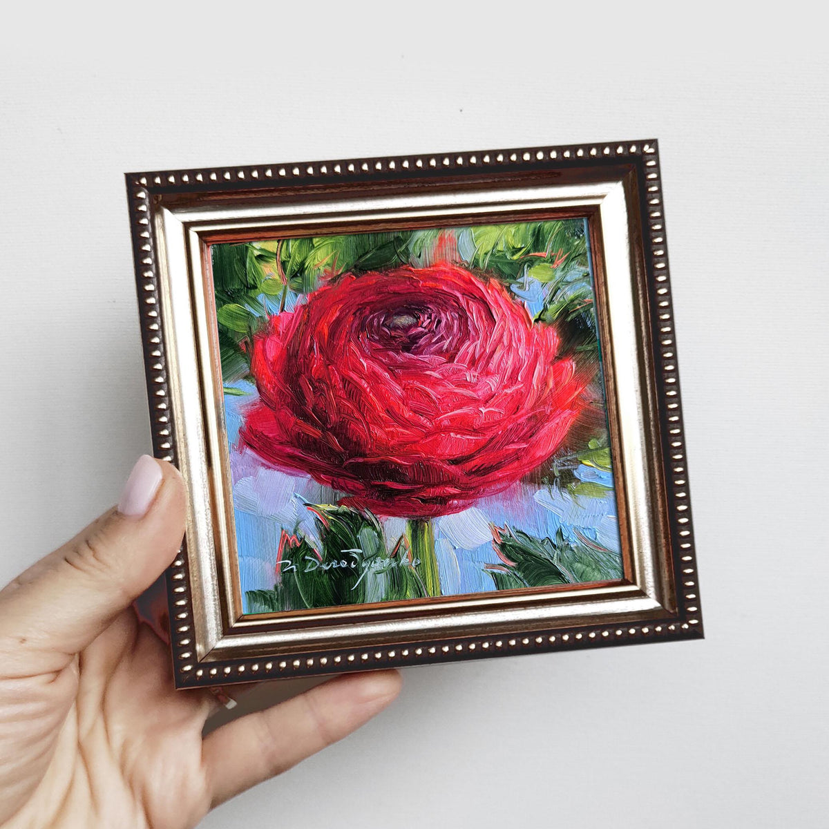 Birthflower gifts Ranunculus painting original framed 4x4 in