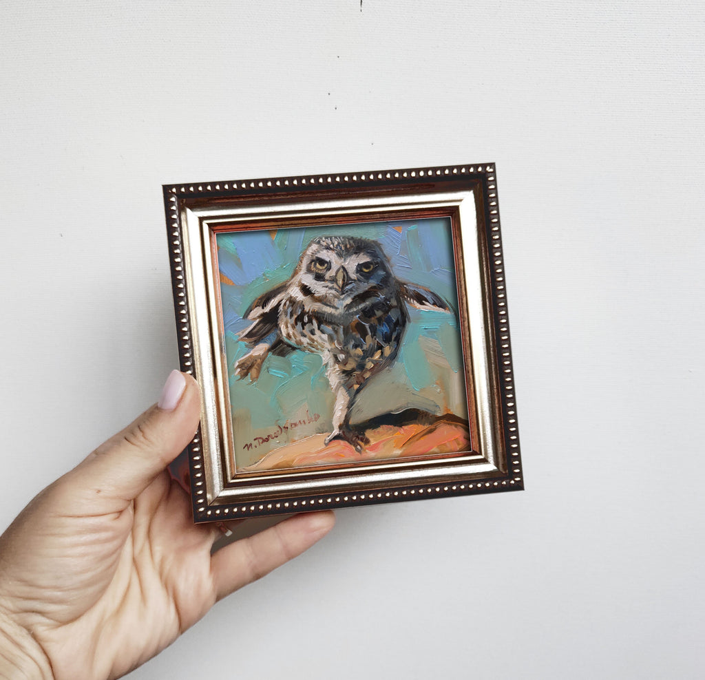 Owl bird painting original in frame Small artwork framed, Bird wall art framed artwork teacher appreciation gift