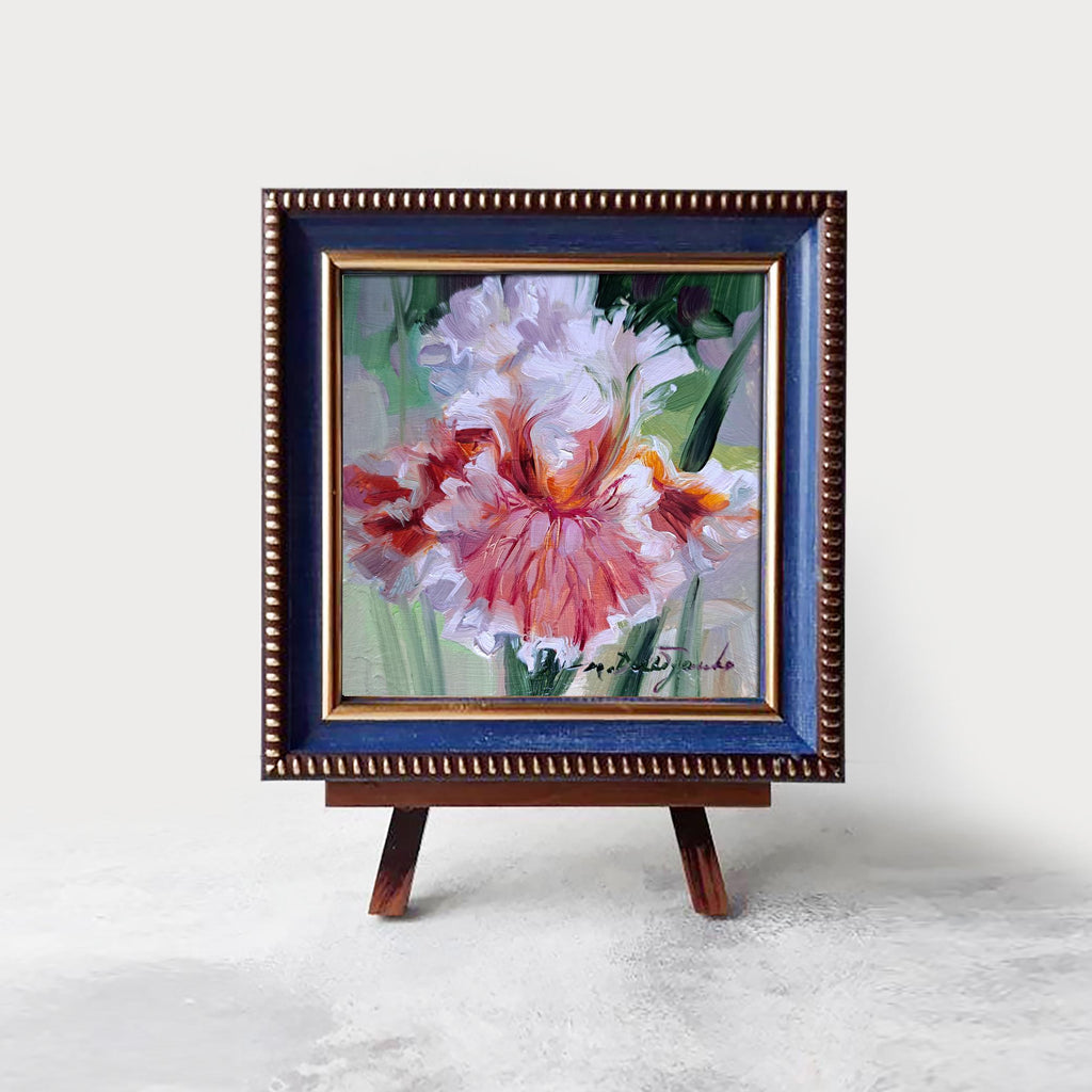 Iris flower paintings miniature original 4x4, Birthday gift for Mom, Floral arrangement unique redblooming Small framed flower art decor