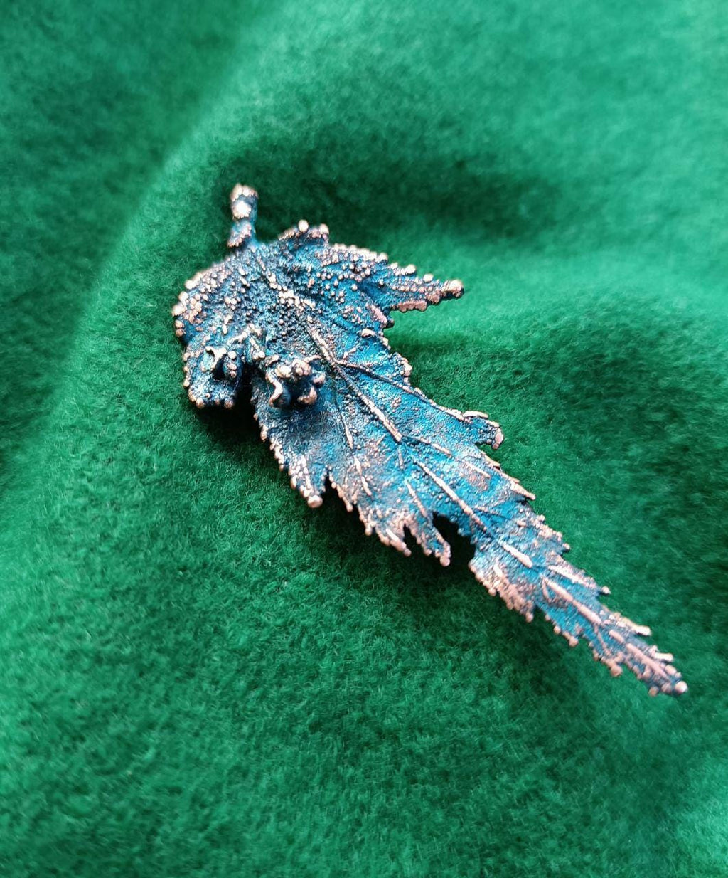 Brooch made from natural sheet of wood in copper - a unique boho-style accessory, Blue patina cooper jewelry handmade