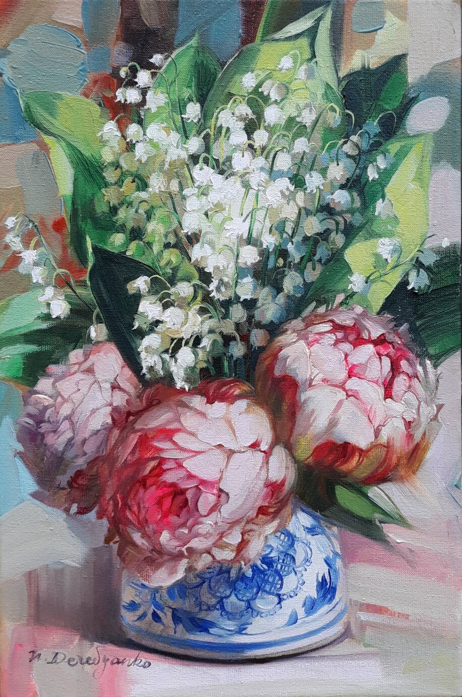 Peony flowers oil painting original on canvas Lily of the valley art, Pink floral wall art godmother gift