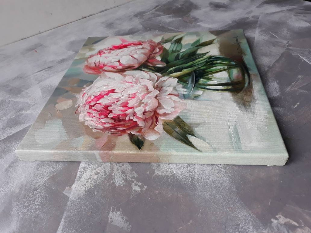 Peony oil painting arte originale su tela, pittura a olio di fiori di due peonie, regalo di San Valentino per coppia, fiori wall art