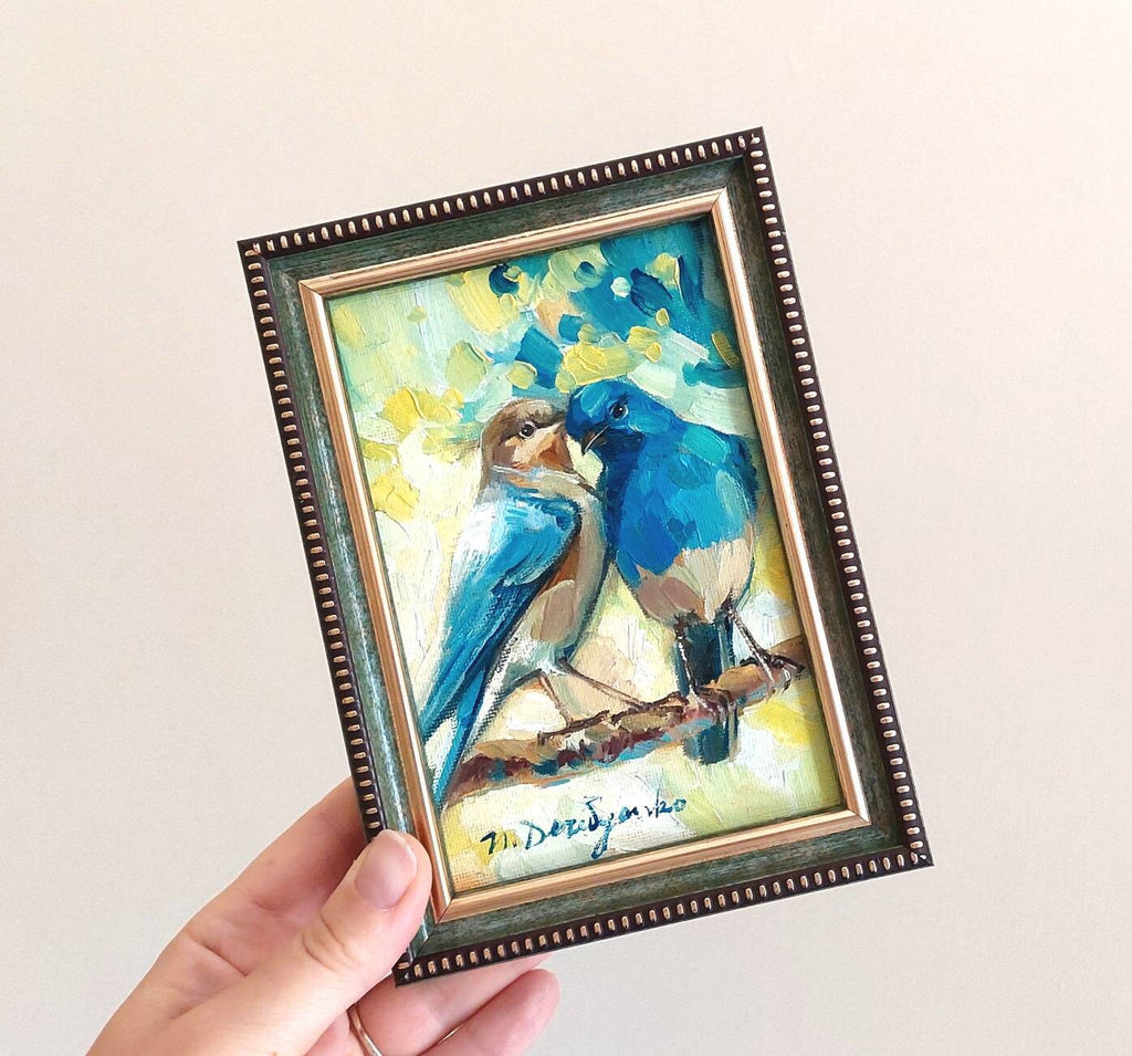 Two bird painting original canvas in wood frame, Bluebird oil painting, Bird art in frame, Small art framed love painting gift