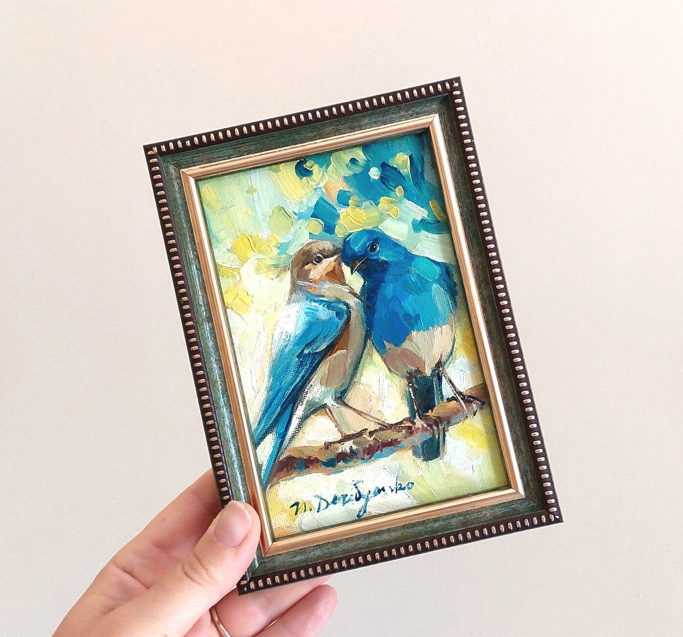Two bird painting original canvas in wood frame, Bluebird oil painting, Bird art in frame, Small art framed love painting gift