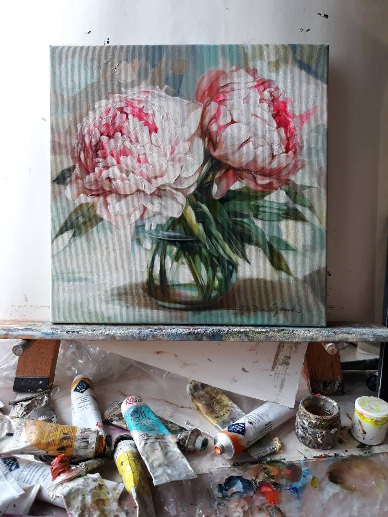Peony oil painting arte originale su tela, pittura a olio di fiori di due peonie, regalo di San Valentino per coppia, fiori wall art