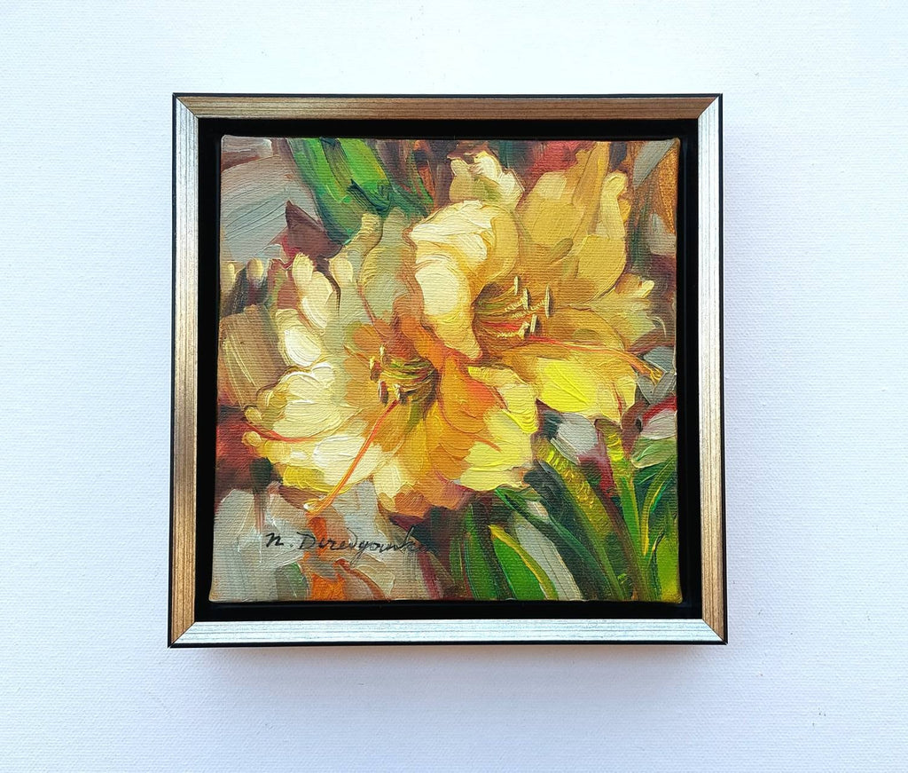 Lily pittura floreale originale incorniciato 6x6, regalo mamma dalla figlia, due fiori gialli decorazione arte della parete
