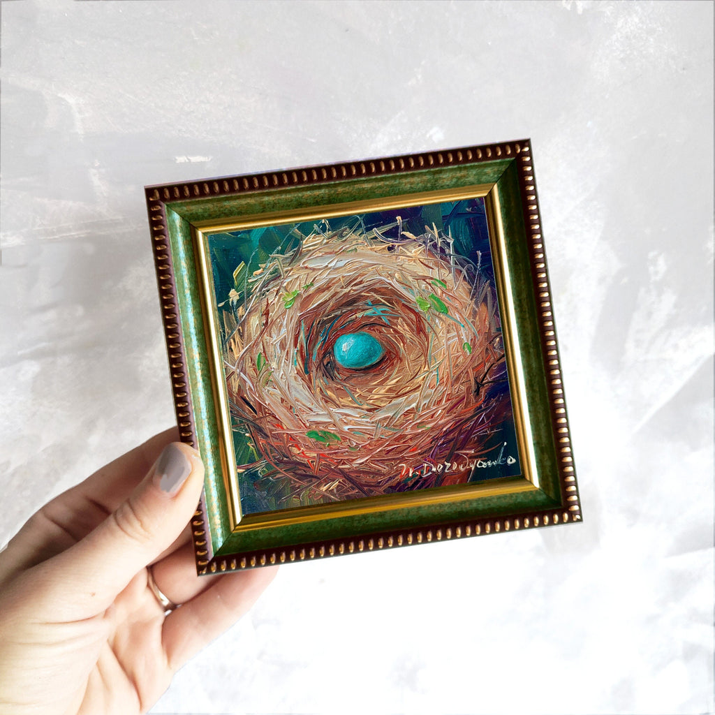 Nest oil painting original 4x4 in frame, Robin bird blue egg unique miniature painting wall art framed, Small painting Valentines day gift