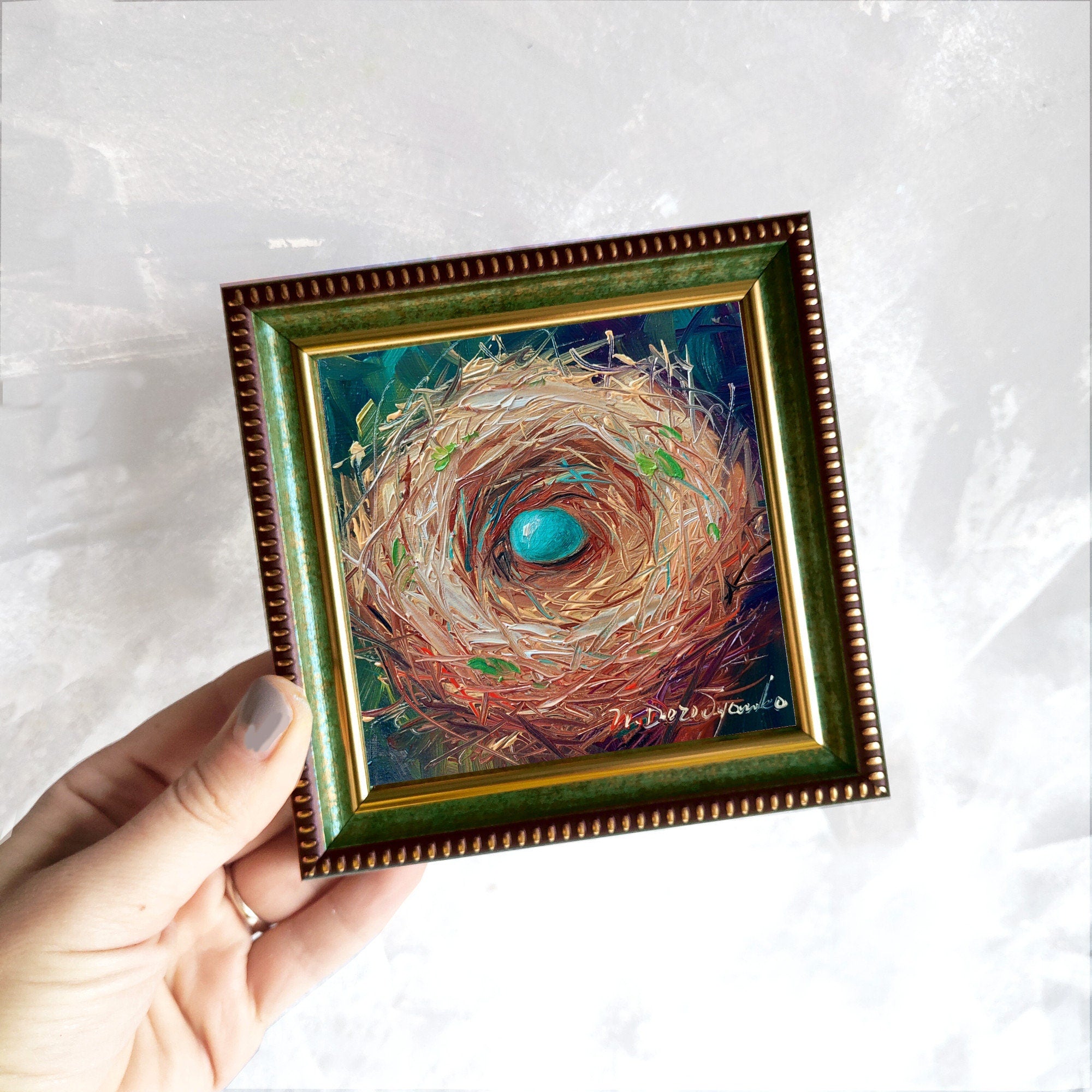 Nest oil painting original 4x4 in frame, Robin bird blue egg unique miniature painting wall art framed, Small painting Valentines day gift