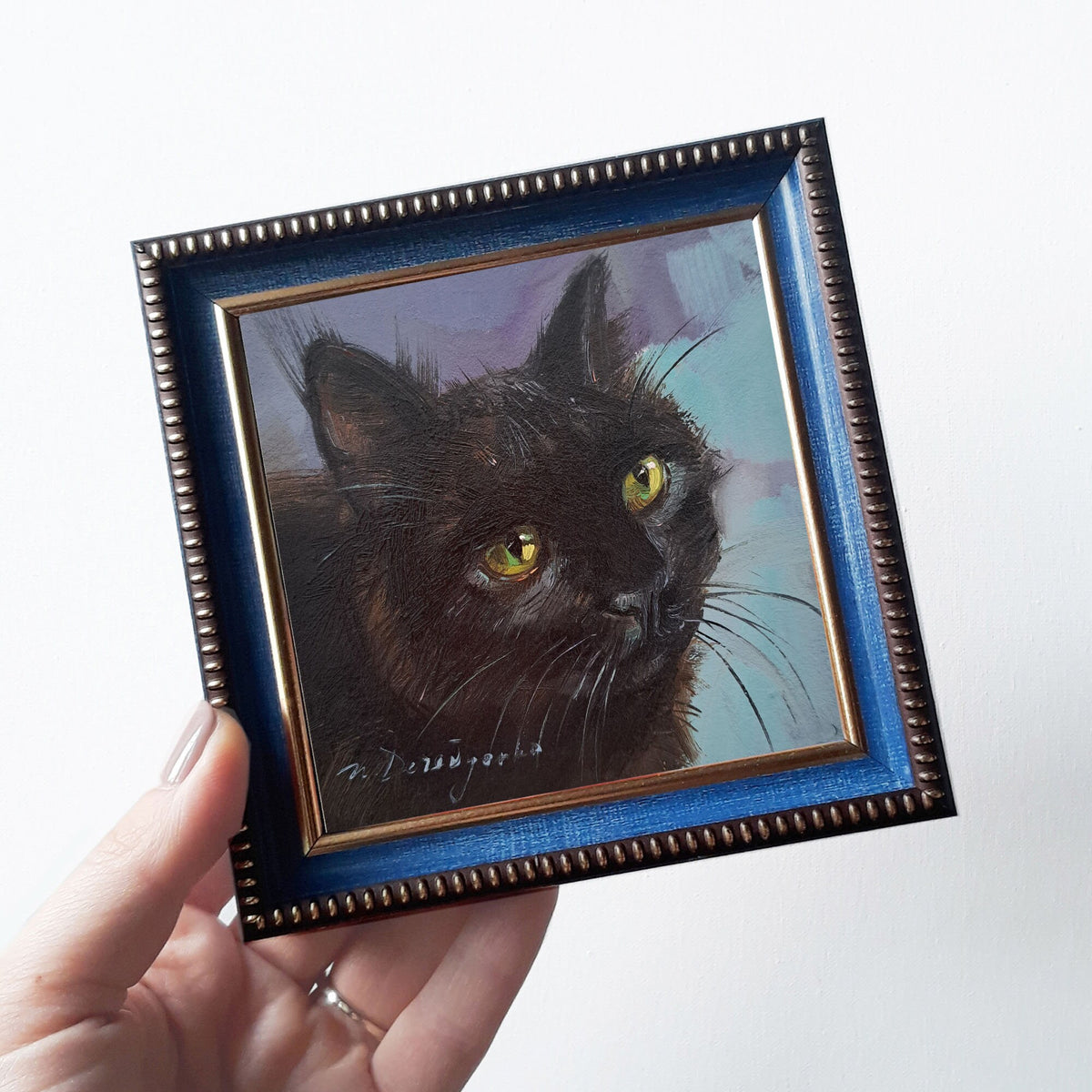 Black cat art painting 4x4 in frame