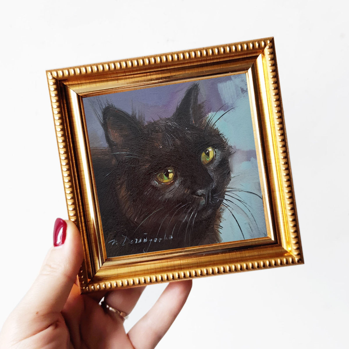 Black cat art painting 4x4 in frame