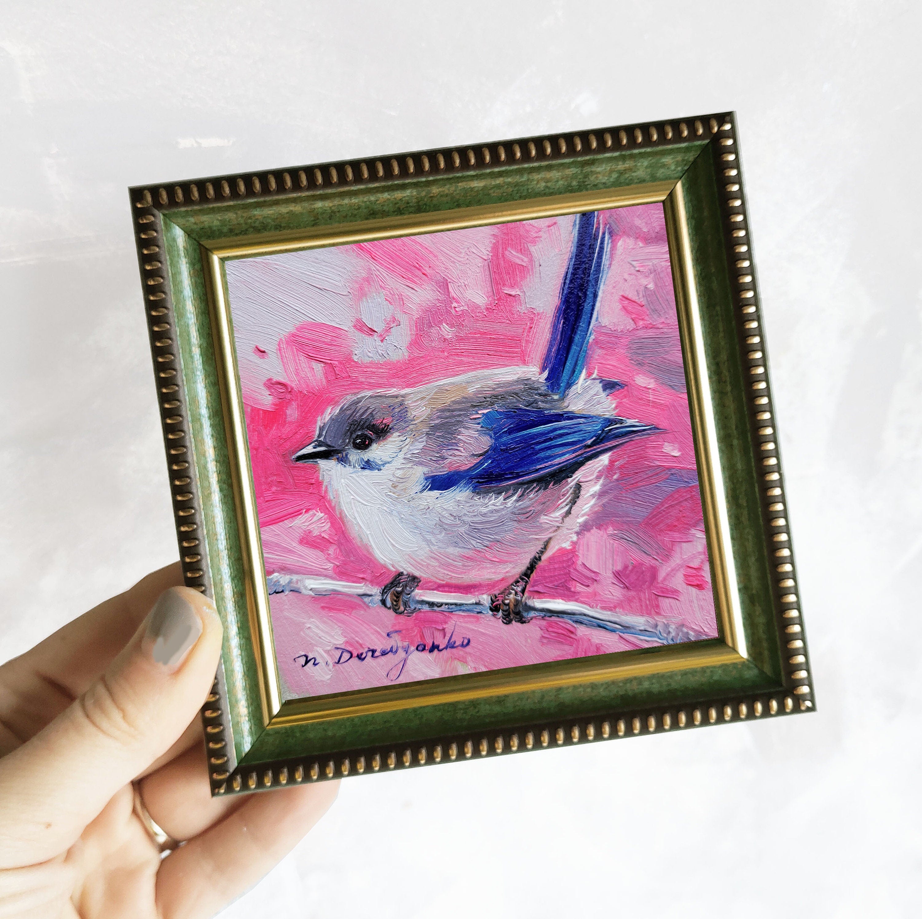 Small oil painting original Bird painting 4x4, Blue bird picture frame Fairy-wren bird artwork, Small frame art bird gift idea