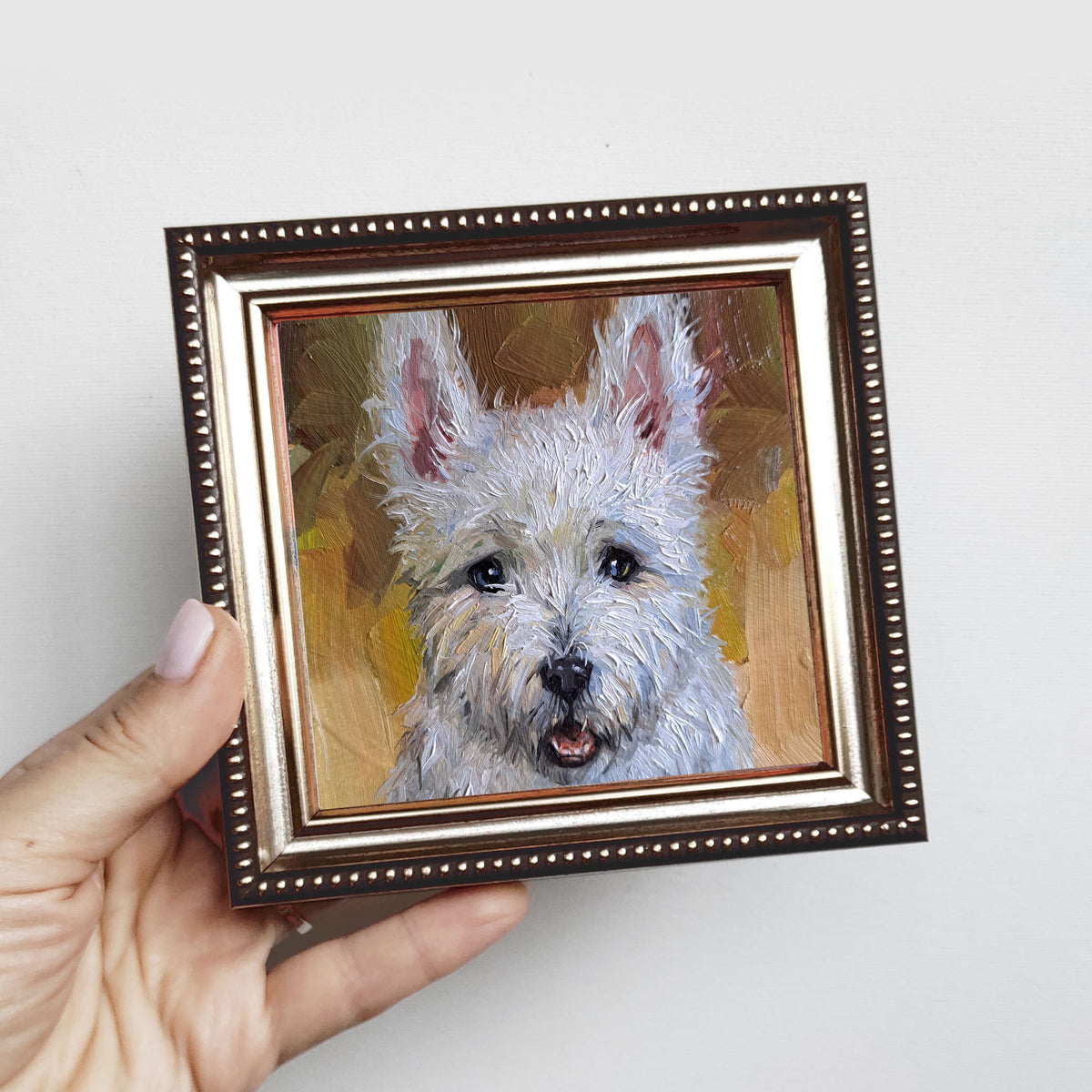 Small dog oil painting original artwork, Custom Pet portrait oil art mini gift White Terrier painting from photo 4x4 in frame
