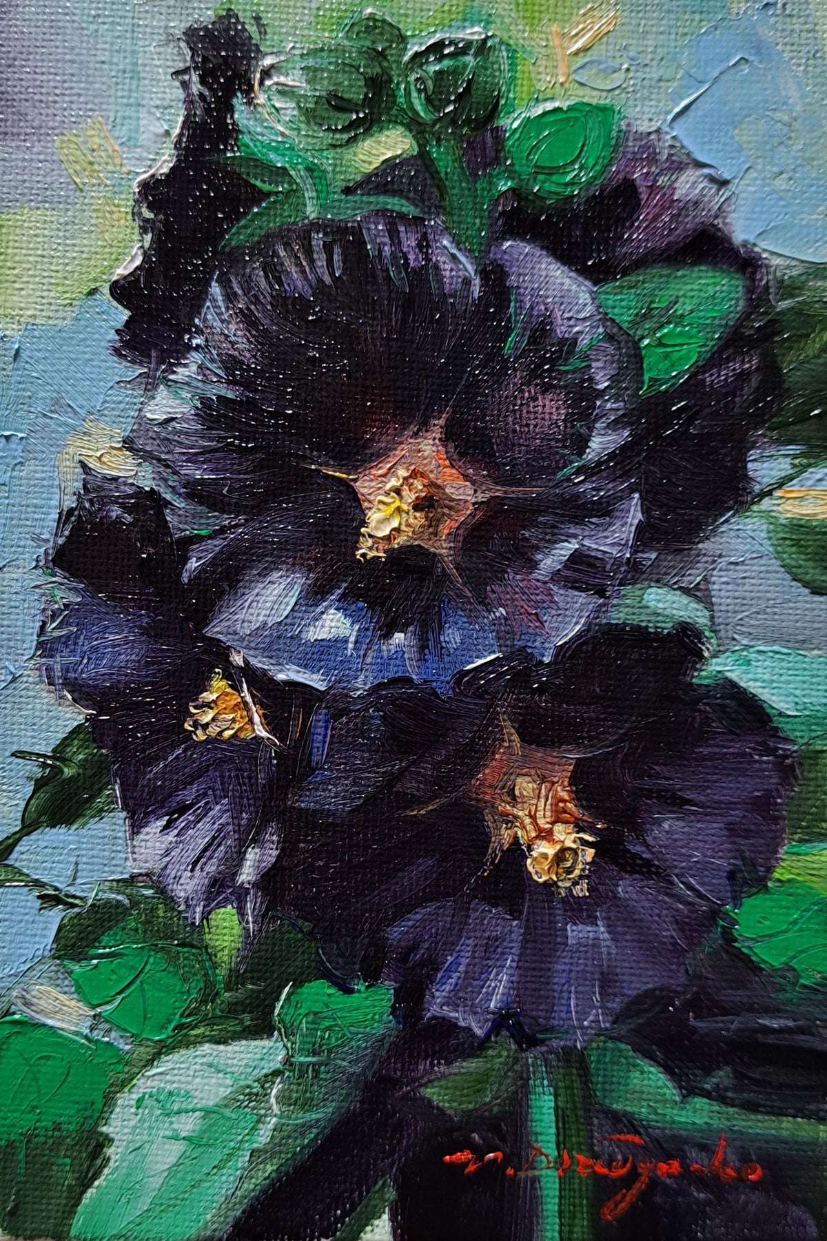 Black Hollyhock flowers oil paintings miniature original 4x6 inch