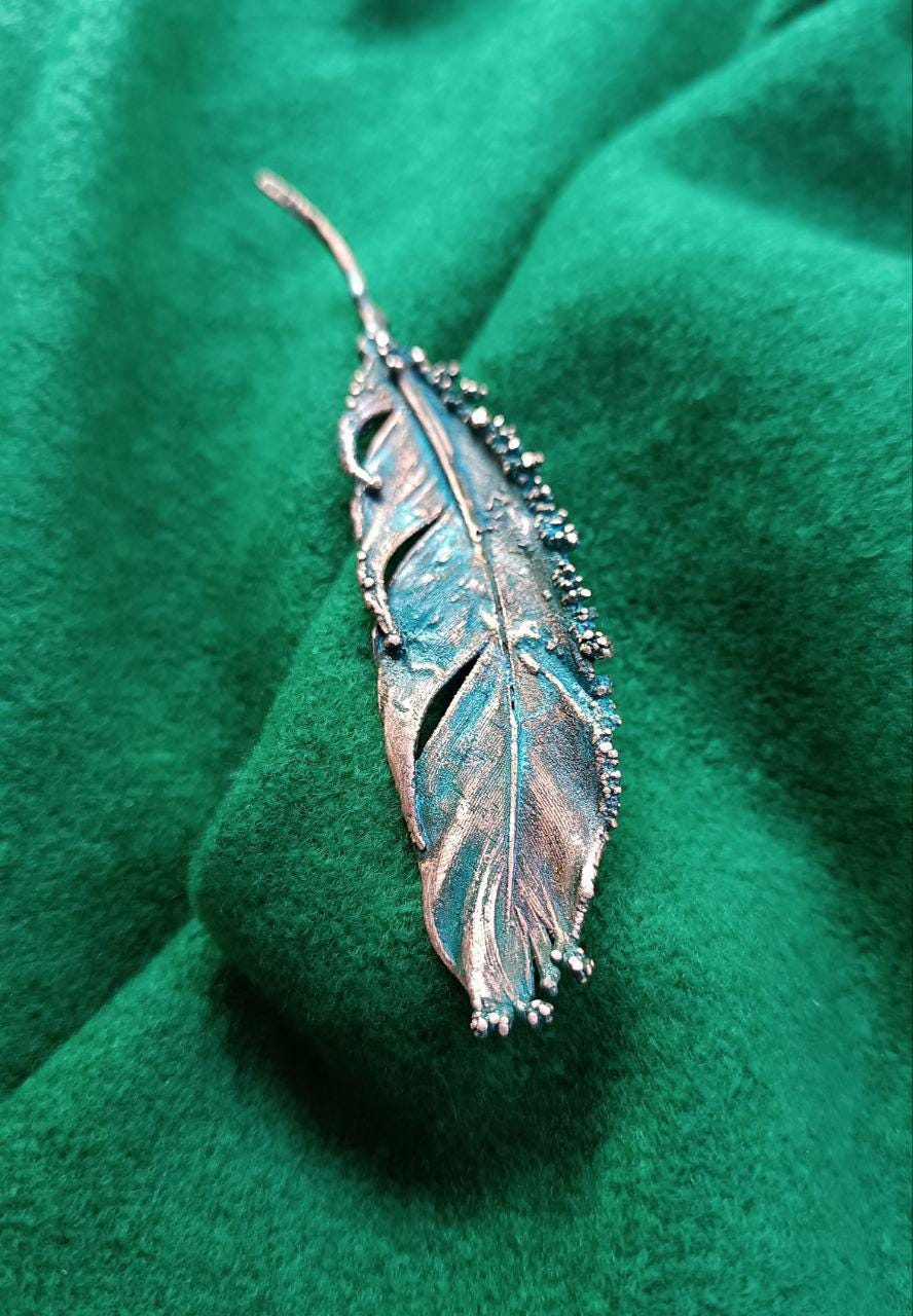 Brooch Copper Pigeon Feather  — Unique Boho-Style Handmade Jewelry gift for best friend 7th anniversary copper wedding traditional