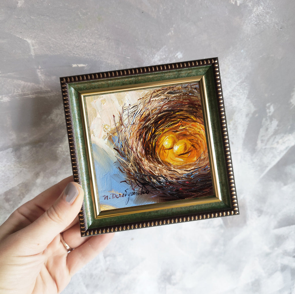 Nest bird oi painting original 4x4 in frame, Two gold egg miniature painting wall art framed, Small painting Valentines day gift