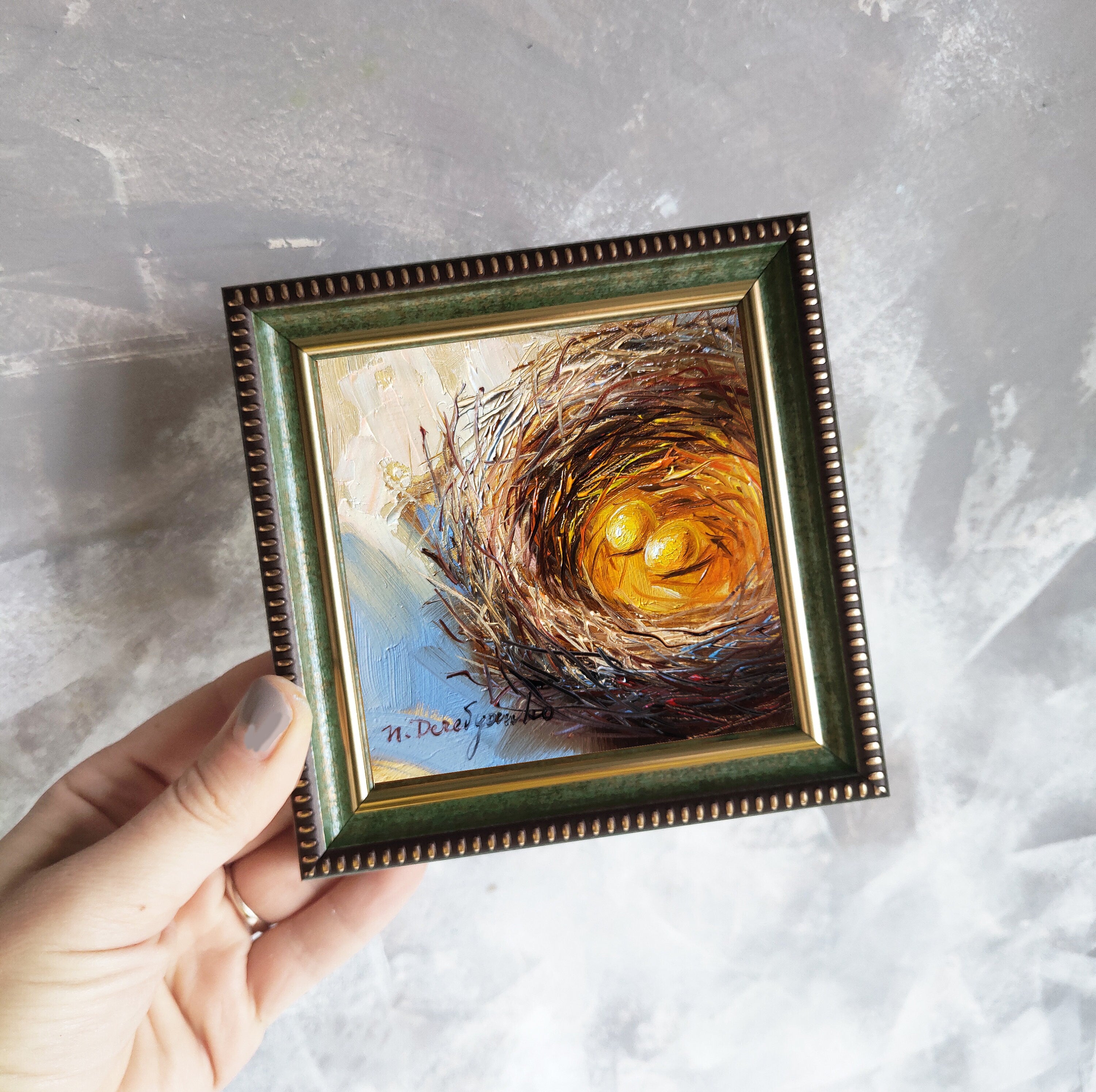 Nest bird oi painting original 4x4 in frame, Two gold egg miniature painting wall art framed, Small painting Valentines day gift