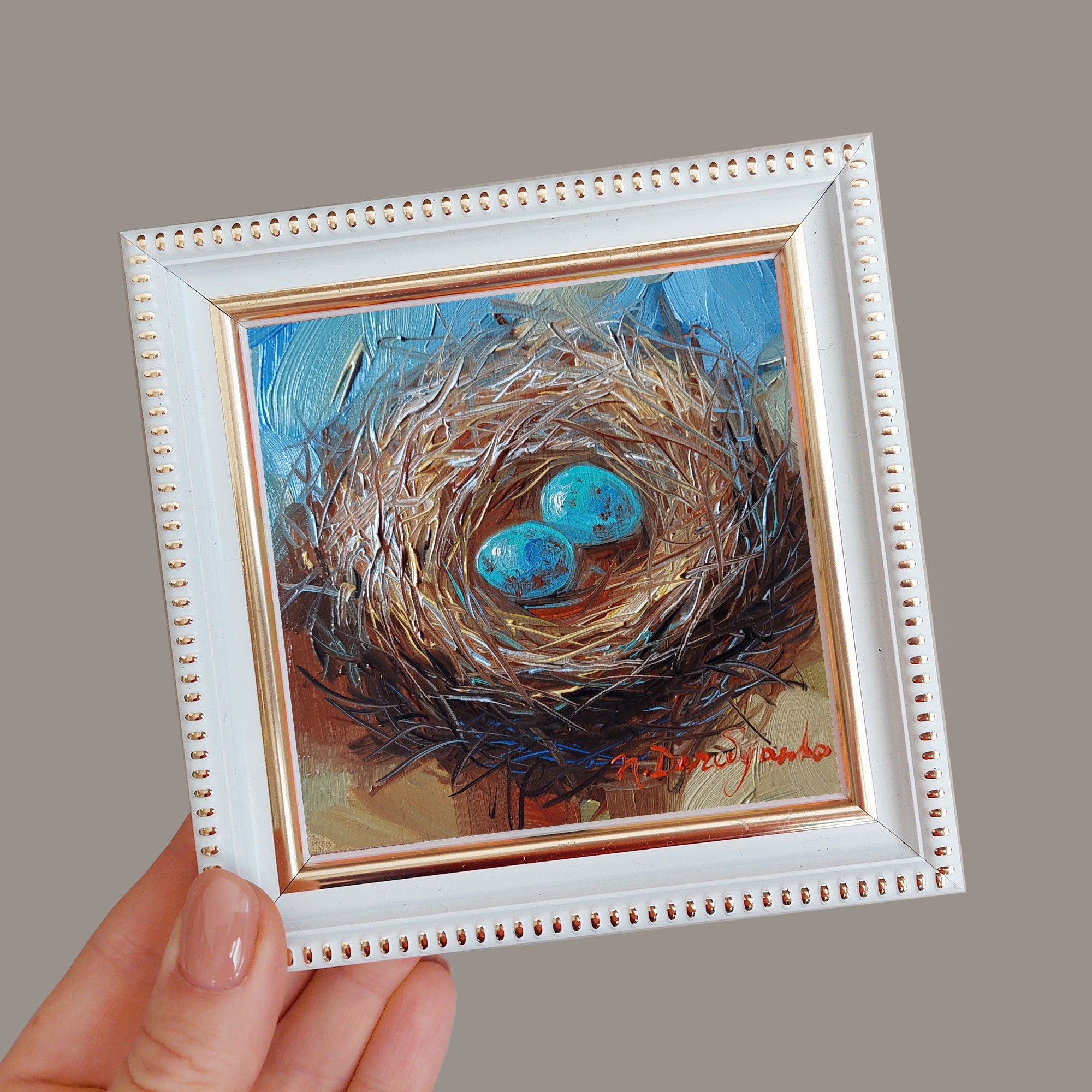 Nest oil painting original 4x4 in frame, Two blu bird egg miniature oil painting wall art framed, Small framed art Mom day gift