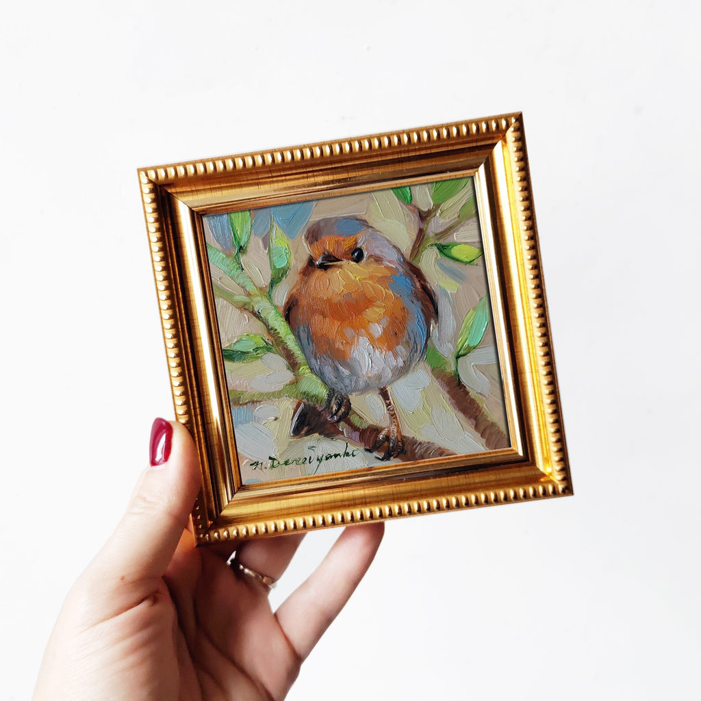 Robin bird on brunch pittura ad olio originale, Piccolo uccello dipinto incorniciato 4x4, Piccola cornice arte