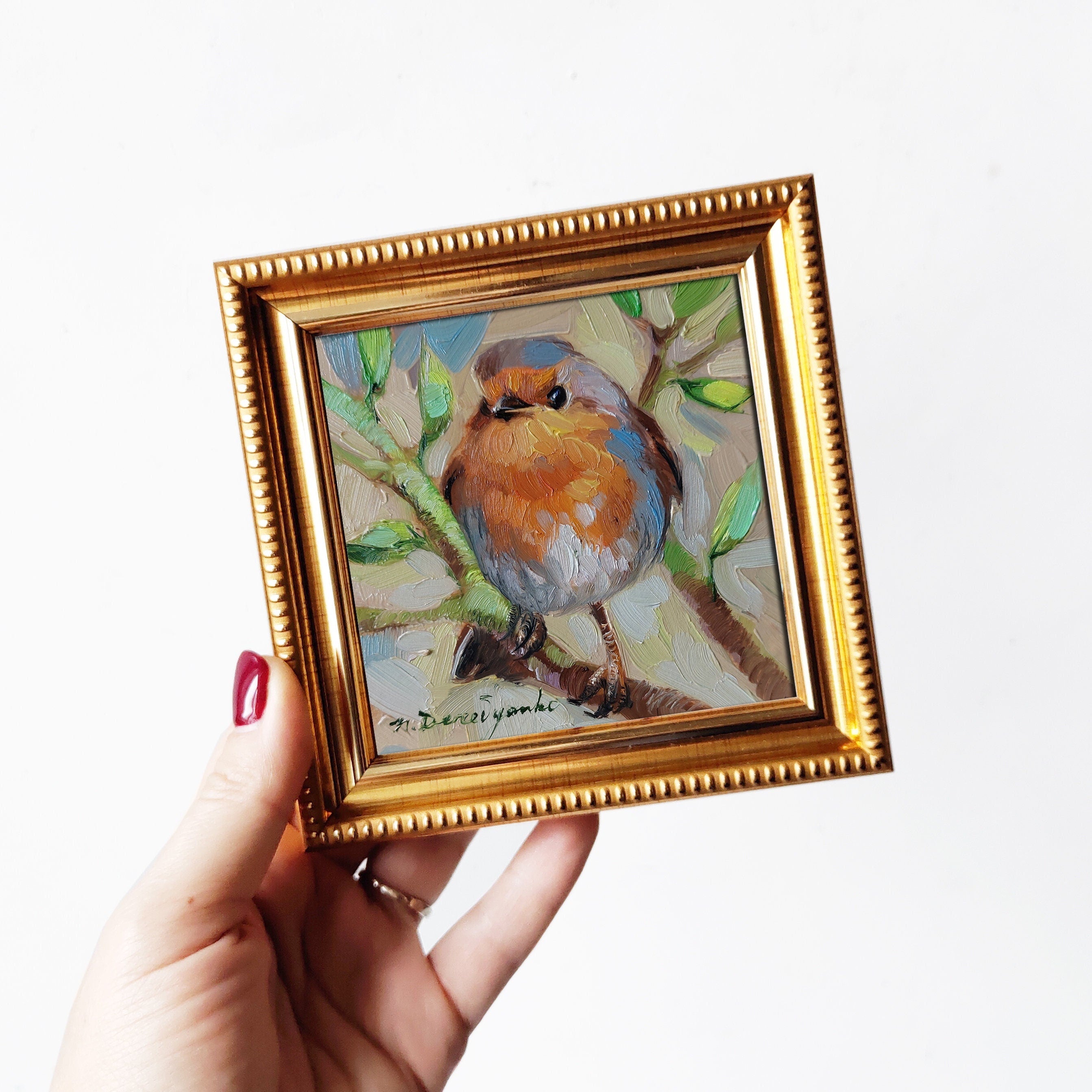 Robin bird on brunch pittura ad olio originale, Piccolo uccello dipinto incorniciato 4x4, Piccola cornice arte